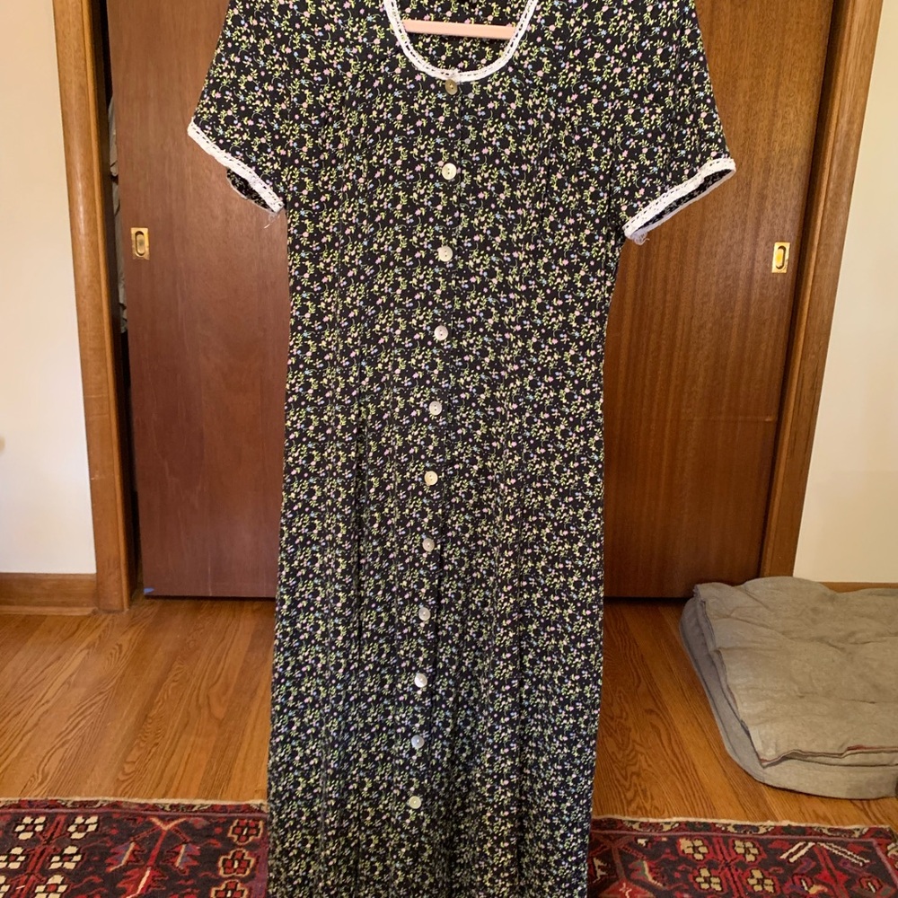 90's vintage Floral Button Up Black maxi Dress